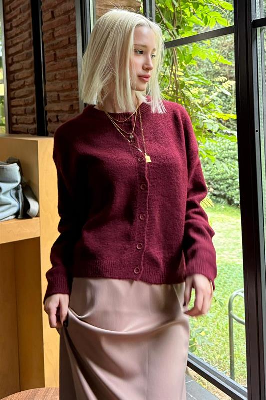 MDX Bordo Rahat Kalıp Düğmeli Triko Kadın Hırka MG2552 - Melun