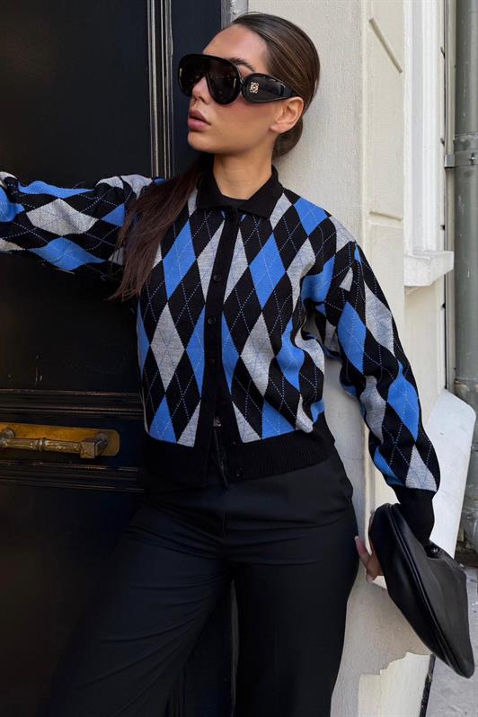 MDX Siyah Baklava Desenli Polo Yaka Kadın Hırka MG2478 - Torreón