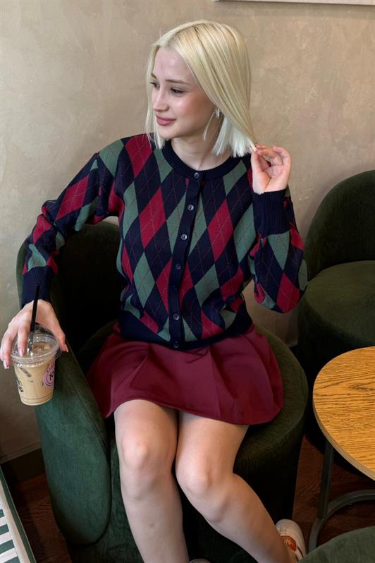 MDX Navy Blue Baklava Patterned Bicycle Neck Women's Cardigan Mg2496 - Kozáni