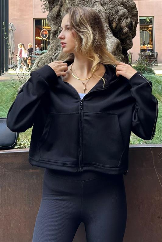 MDX Black Zippered Hooded Long Sleeve Short Cardigan MG2214 - Strasbourg