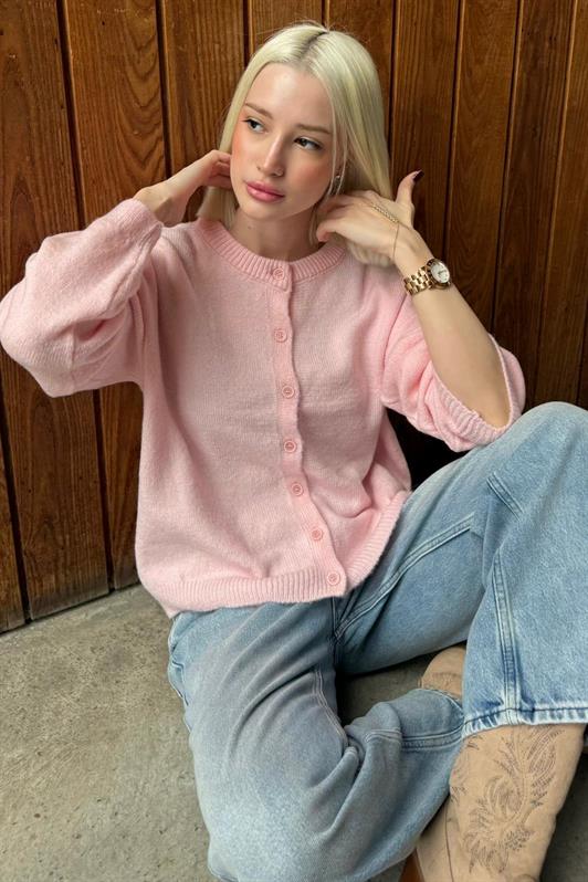 MDX Pembe Rahat Kalıp Düğmeli Triko Kadın Hırka MG2552 - Brentwood
