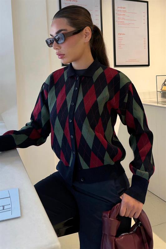 MDX Lacivert Baklava Desenli Polo Yaka Kadın Hırka MG2478 - Kamianske