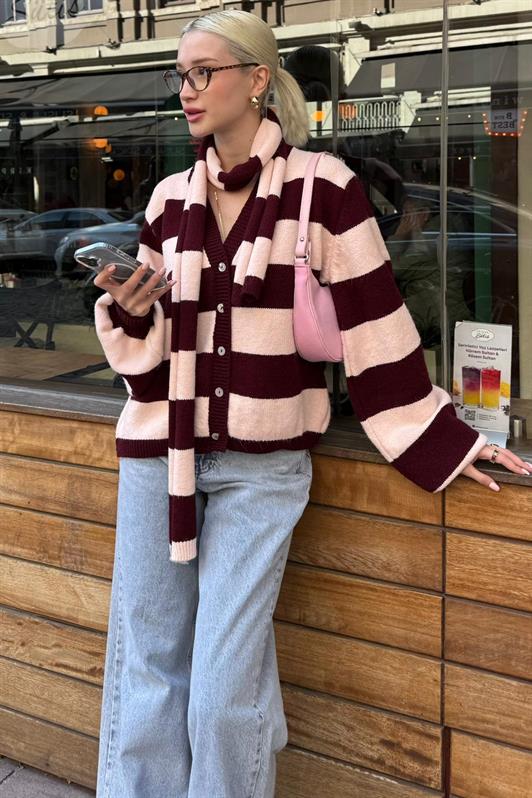 MDX Bordo Çizigli Atkılı Kadın Triko Hırka MG2588 - Towson