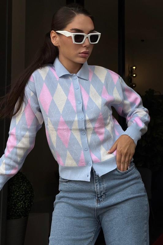 MDX Mavi Baklava Desenli Polo Yaka Kadın Hırka MG2478 - Aberdeen