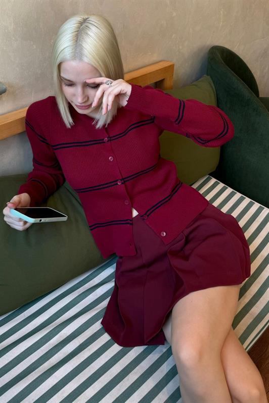 MDX Bordo Çizgili Kadın Triko Hırka MG2481 - Wausau