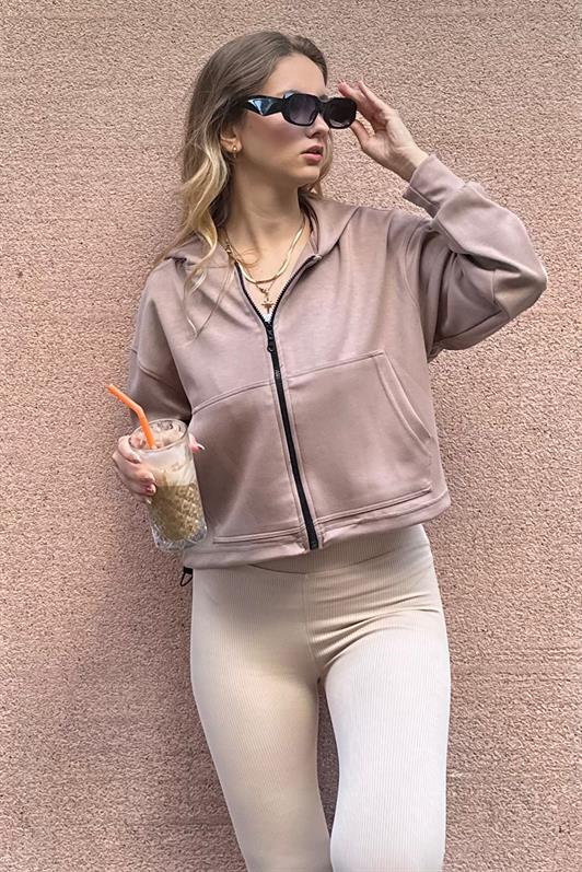 MDX Beige Zippered Hooded Long Sleeve Short Cardigan MG2214 - Santa Cruz