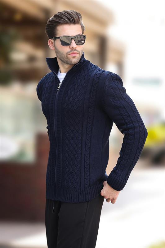 MDX Navy Blue High Neck Zippered Knit Cardigan 7271 - Saltillo