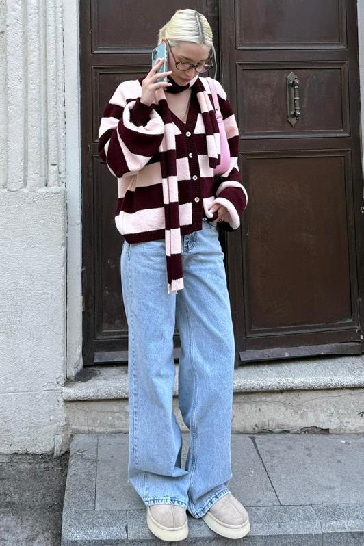 MDX Bordo Çizigli Atkılı Kadın Triko Hırka MG2588 - Towson