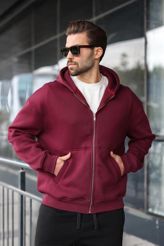 MDX Burgundy Zippered Hooded Men's Cardigan E7174 - Aurich