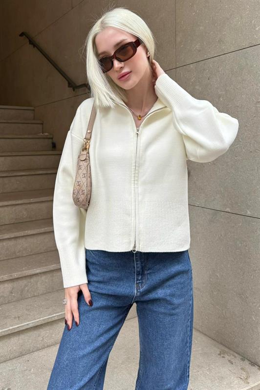 MDX Ekru Çift Fermuarlı Dik Yaka Kadın Triko Hırka MG2505 - Câmara de Lobos