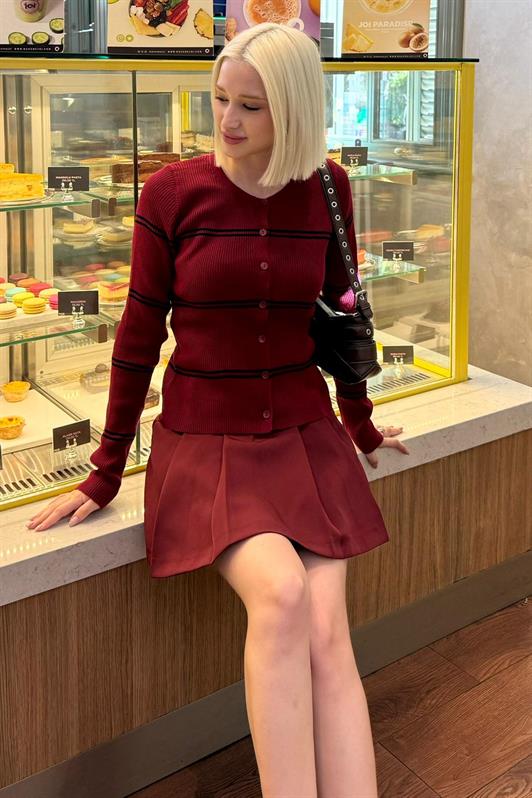 MDX Bordo Çizgili Kadın Triko Hırka MG2481 - Wausau