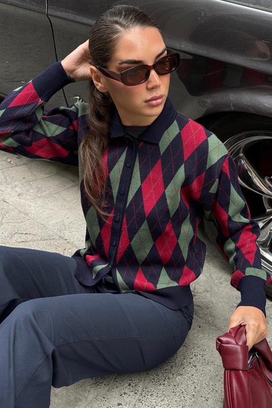 MDX Lacivert Baklava Desenli Polo Yaka Kadın Hırka MG2478 - Kamianske