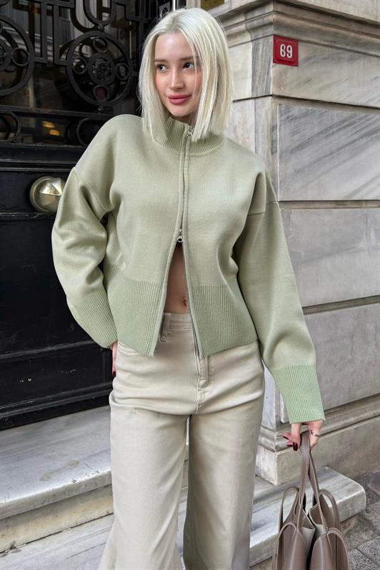 MDX Mint Yeşili Çift Fermuarlı Dik Yaka Kadın Triko Hırka MG2505 - Tapachula