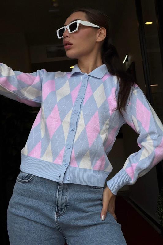 MDX Mavi Baklava Desenli Polo Yaka Kadın Hırka MG2478 - Aberdeen