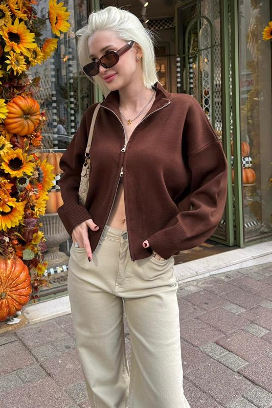 MDX Acı Kahverengi Çift Fermuarlı Dik Yaka Kadın Triko Hırka MG2505 - Aveiro