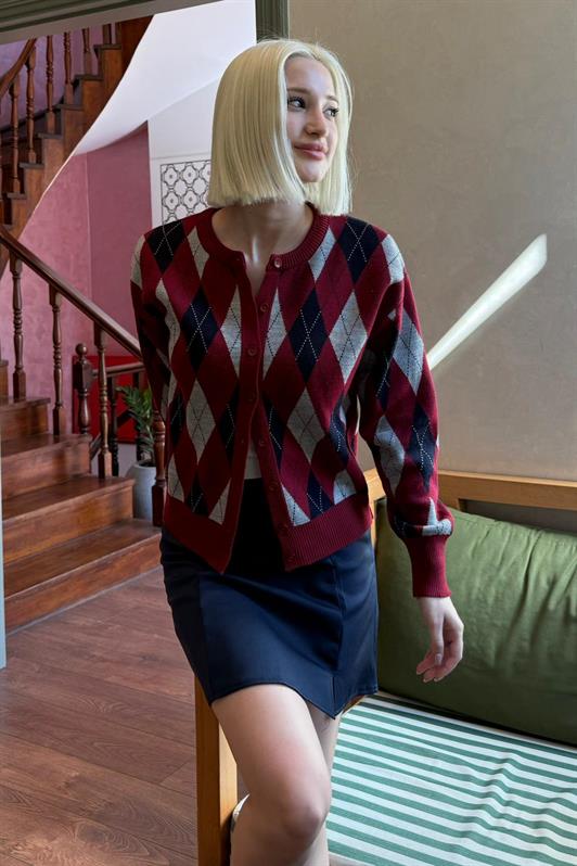 MDX Burgundy Baklava Patterned Bicycle Neck Women's Cardigan Mg2496 - Denver