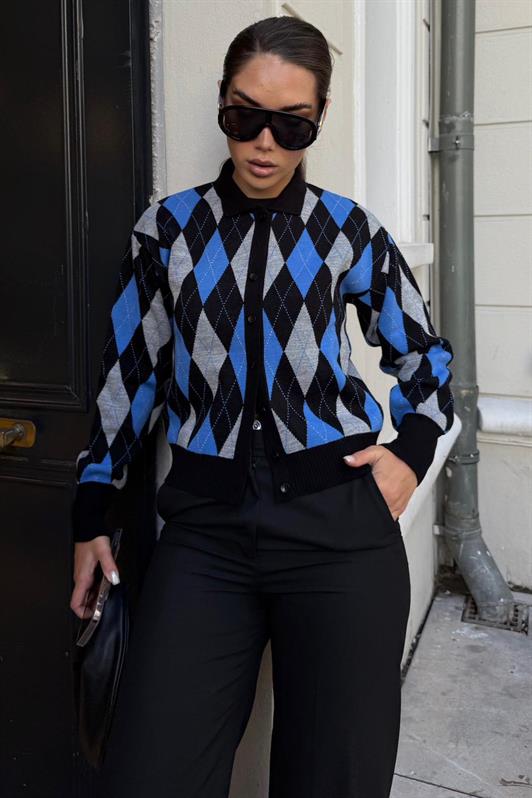 MDX Siyah Baklava Desenli Polo Yaka Kadın Hırka MG2478 - Torreón