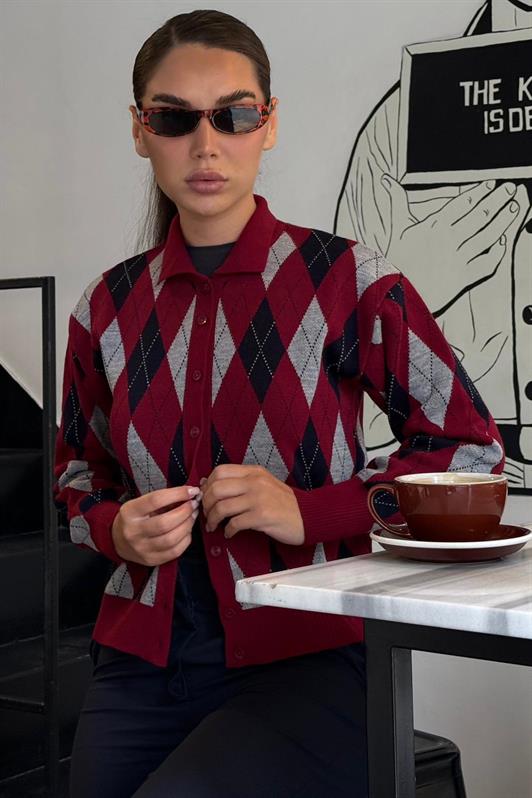 MDX Bordo Baklava Desenli Polo Yaka Kadın Hırka MG2478 - Lincoln