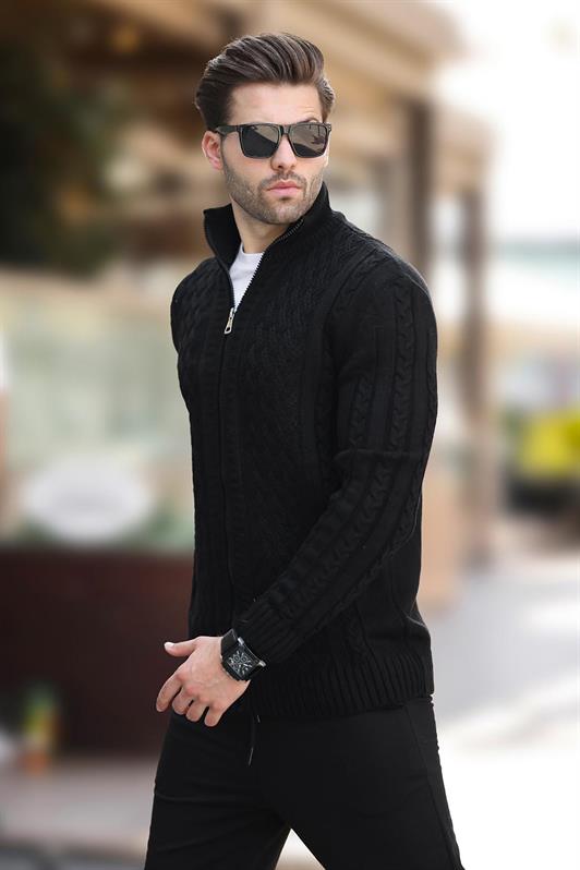 MDX Black High Neck Zippered Knitted Cardigan 7271 - Oleiros