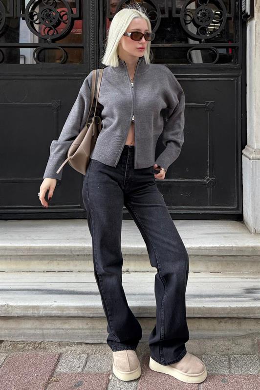 MDX Antrasit Çift Fermuarlı Dik Yaka Kadın Triko Hırka MG2505 - Saint-Herblain