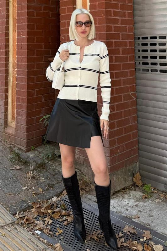 MDX Kemik Rengi Çizgili Kadın Triko Hırka MG2481 - Frosinone