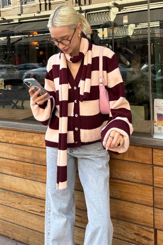 MDX Bordo Çizigli Atkılı Kadın Triko Hırka MG2588 - Towson