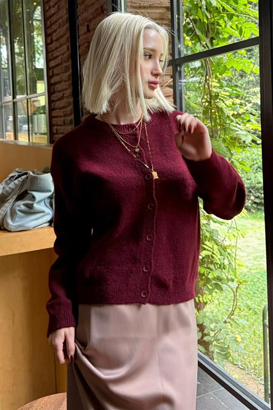 MDX Bordo Rahat Kalıp Düğmeli Triko Kadın Hırka MG2552 - Melun