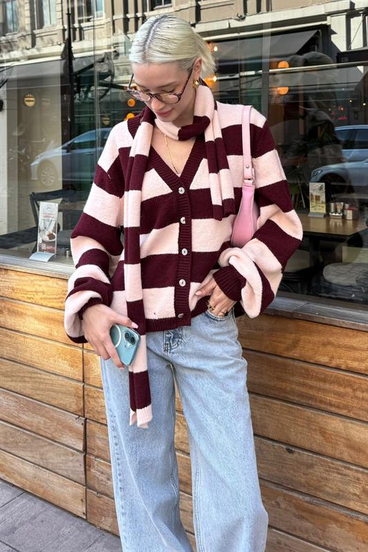 MDX Bordo Çizigli Atkılı Kadın Triko Hırka MG2588 - Towson