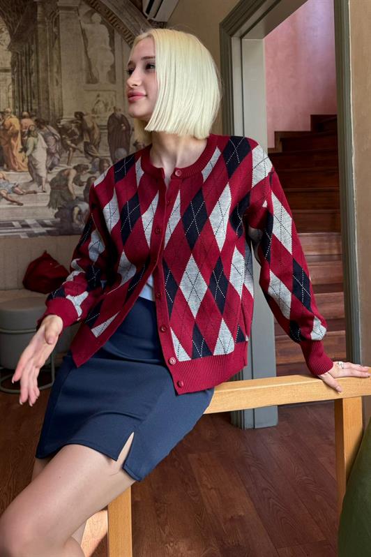 MDX Burgundy Baklava Patterned Bicycle Neck Women's Cardigan Mg2496 - Denver