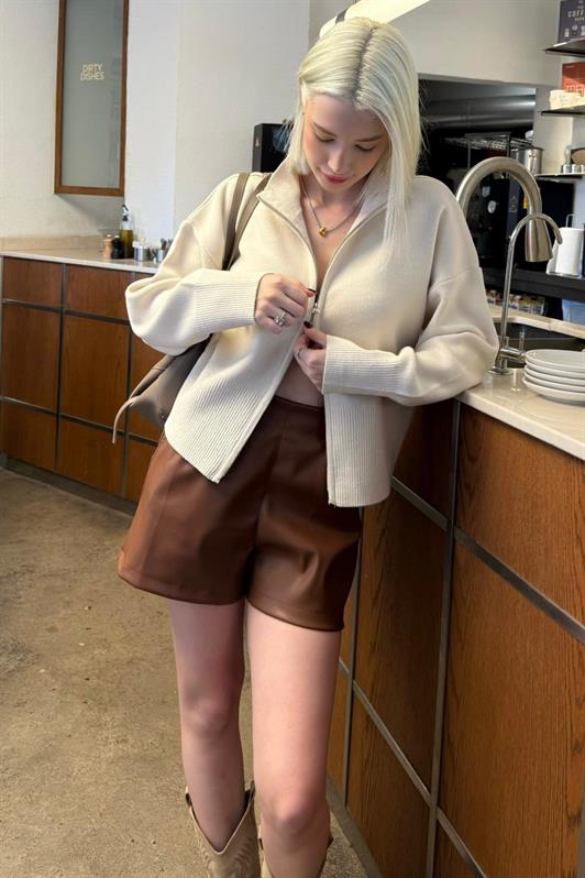 MDX Taş Rengi Çift Fermuarlı Dik Yaka Kadın Triko Hırka MG2505 - Speyer