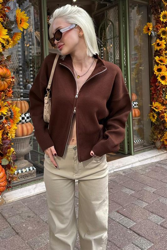 MDX Acı Kahverengi Çift Fermuarlı Dik Yaka Kadın Triko Hırka MG2505 - Aveiro