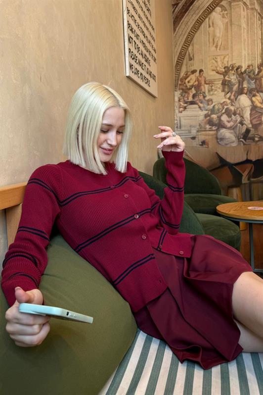 MDX Bordo Çizgili Kadın Triko Hırka MG2481 - Wausau