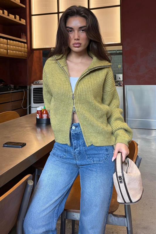 MDX Yeşil Çift Fermuarlı Kadın Triko Hırka Mg2532 - Fruit Cove