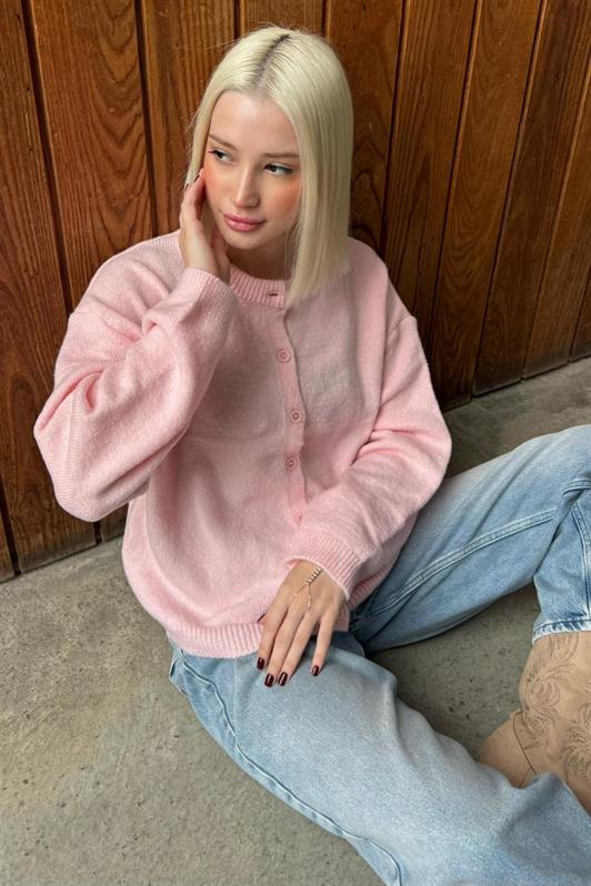 MDX Pembe Rahat Kalıp Düğmeli Triko Kadın Hırka MG2552 - Brentwood