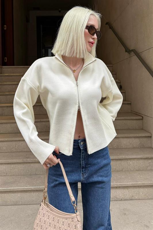 MDX Ekru Çift Fermuarlı Dik Yaka Kadın Triko Hırka MG2505 - Câmara de Lobos