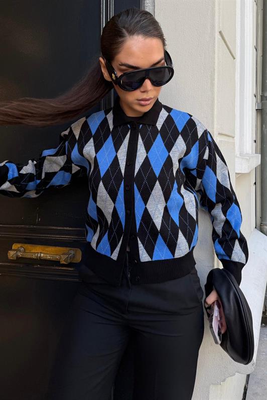 MDX Siyah Baklava Desenli Polo Yaka Kadın Hırka MG2478 - Torreón