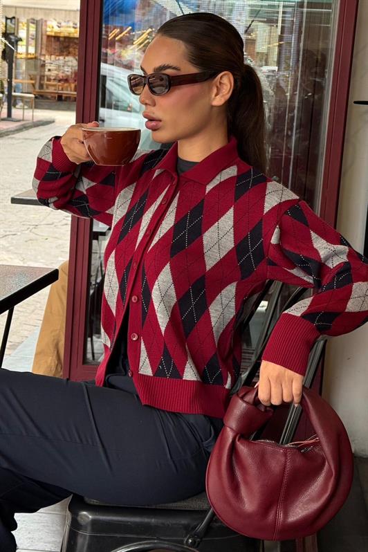 MDX Bordo Baklava Desenli Polo Yaka Kadın Hırka MG2478 - Lincoln