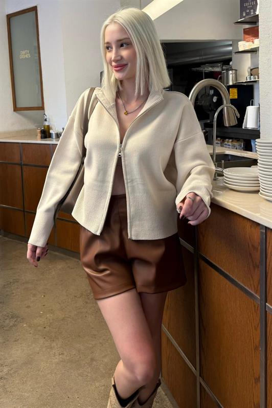 MDX Taş Rengi Çift Fermuarlı Dik Yaka Kadın Triko Hırka MG2505 - Speyer