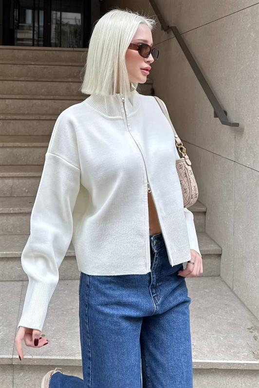 MDX Ekru Çift Fermuarlı Dik Yaka Kadın Triko Hırka MG2505 - Câmara de Lobos