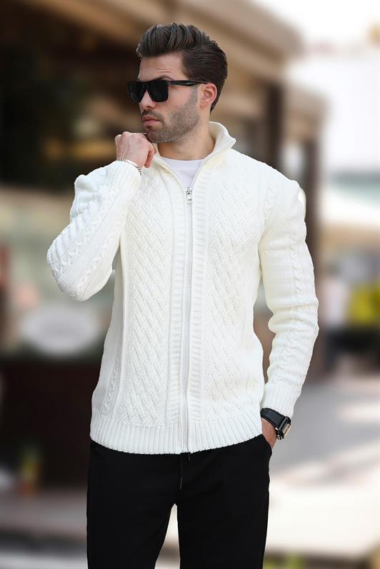 MDX Ecru High Neck Zippered Knitted Cardigan 7271 - Apple Valley
