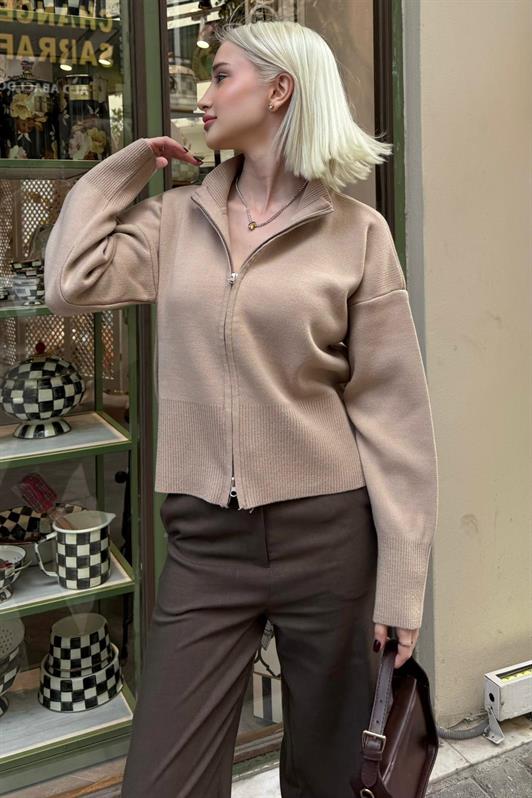 MDX Bej Çift Fermuarlı Dik Yaka Kadın Triko Hırka MG2505 - Uden