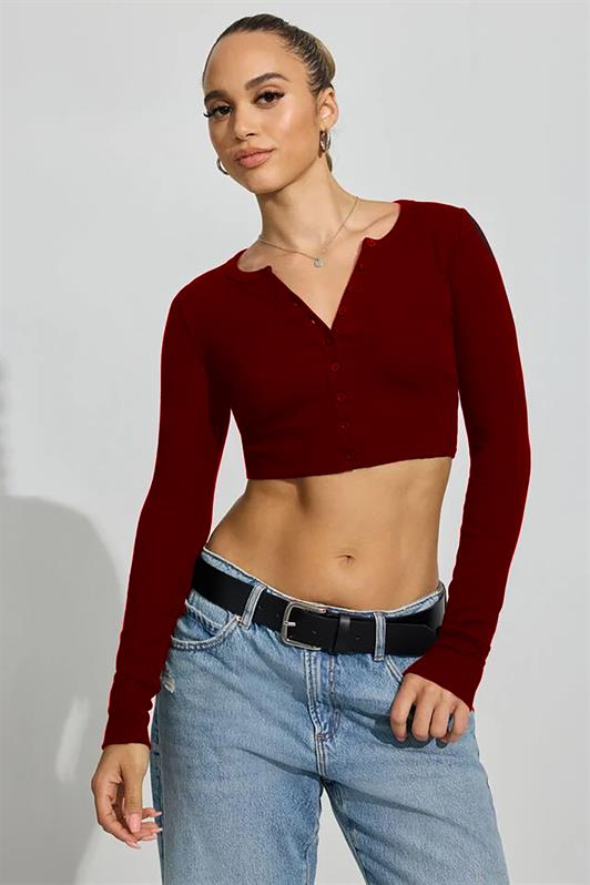MDX Burgundy Long Sleeve Buttoned Cardigan Crop Sweater MG2193 - Edmonton