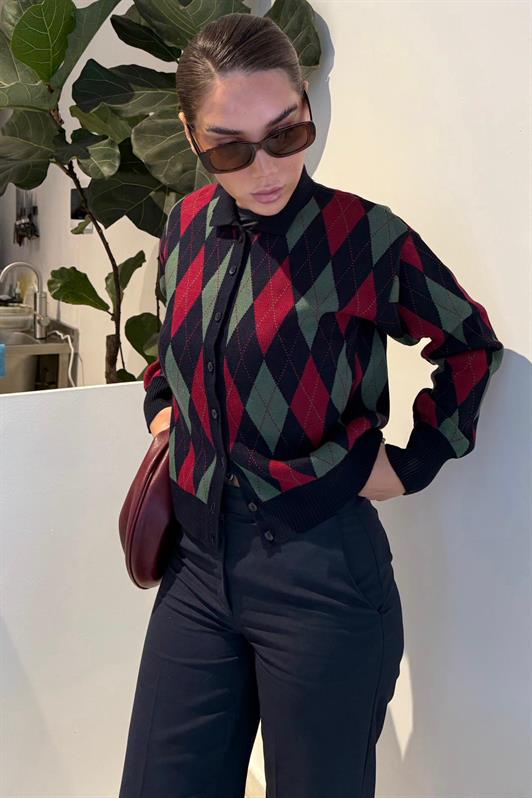 MDX Lacivert Baklava Desenli Polo Yaka Kadın Hırka MG2478 - Kamianske