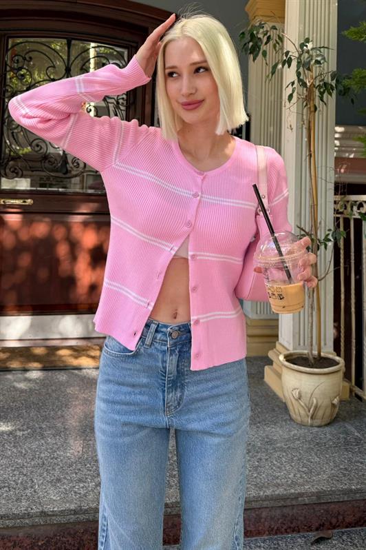 MDX Pembe Çizgili Kadın Triko Hırka MG2481 - Calimaya