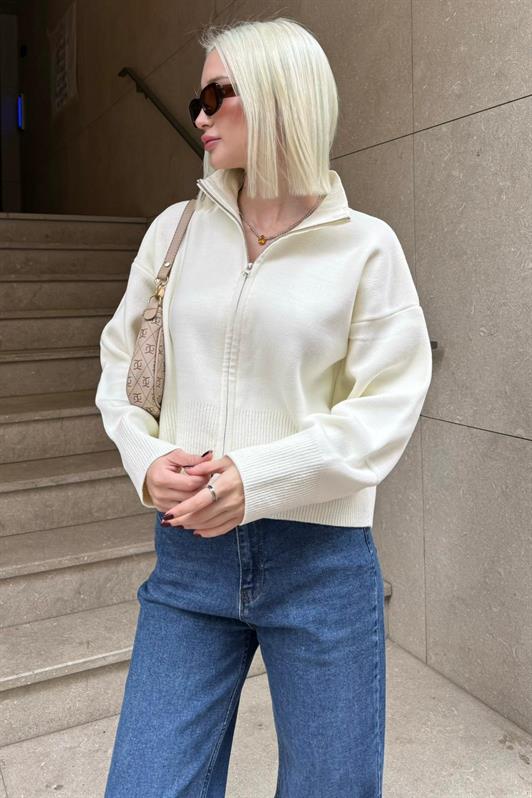 MDX Ekru Çift Fermuarlı Dik Yaka Kadın Triko Hırka MG2505 - Câmara de Lobos