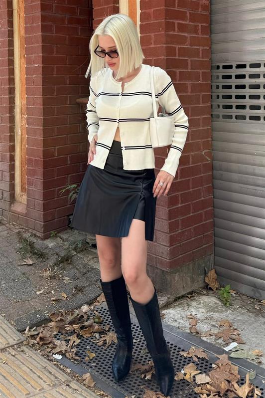 MDX Kemik Rengi Çizgili Kadın Triko Hırka MG2481 - Frosinone