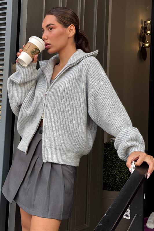 MDX Açık Gri Çift Fermuarlı Kadın Triko Hırka Mg2532 - Beavercreek