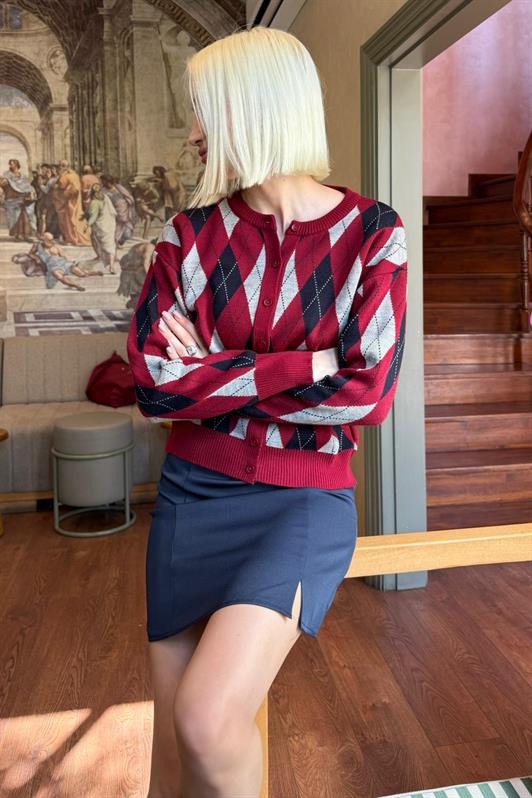 MDX Burgundy Baklava Patterned Bicycle Neck Women's Cardigan Mg2496 - Denver