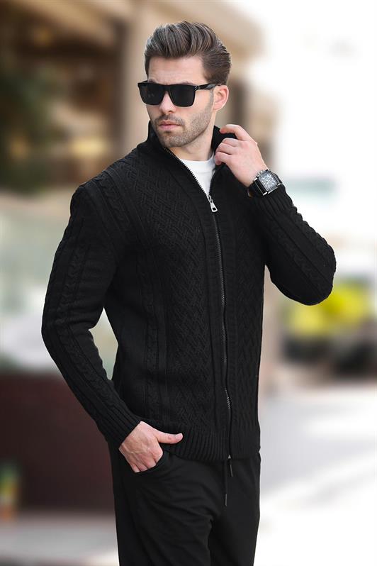 MDX Black High Neck Zippered Knitted Cardigan 7271 - Oleiros