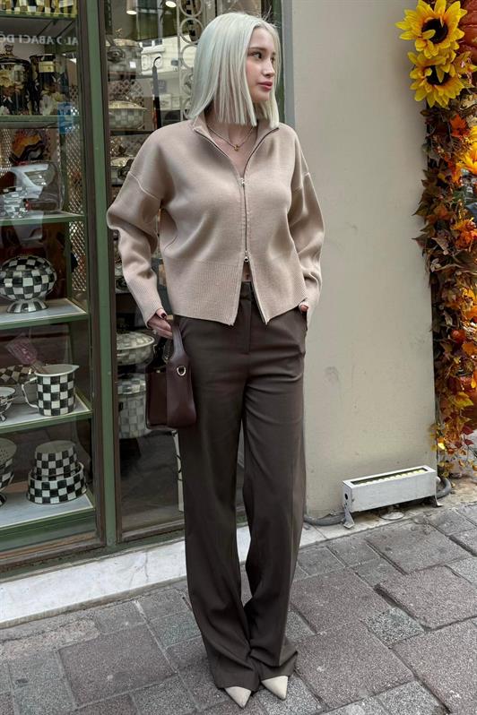 MDX Bej Çift Fermuarlı Dik Yaka Kadın Triko Hırka MG2505 - Uden